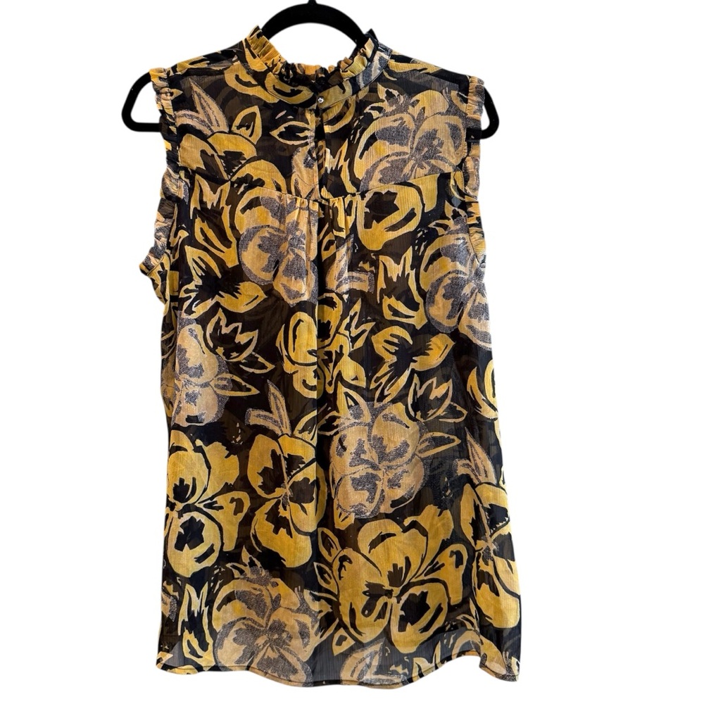 Who What Wear Sleeveless Sheer Floral Top Ruffles High Neck Black Gold Size XL - Picture 4 of 7